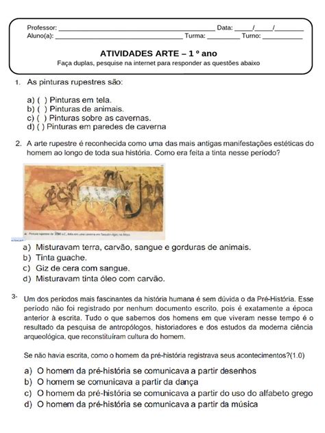 Atividade Pintura Rupestre - Atividades sobre Arte Rupestre - 1º Ano | PDF | Arte Rupestre | Pinturas