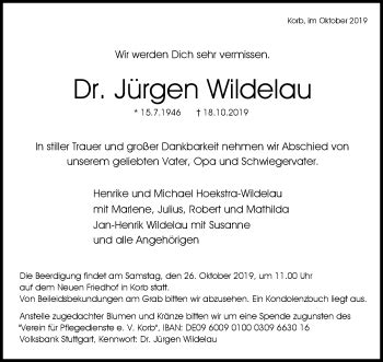 Traueranzeigen von Jürgen Wildelau ZVW Trauer