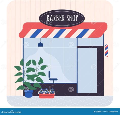 Facade Barbershop Signboard With Emblem And Awning Concept Street Building Facade Barbershop