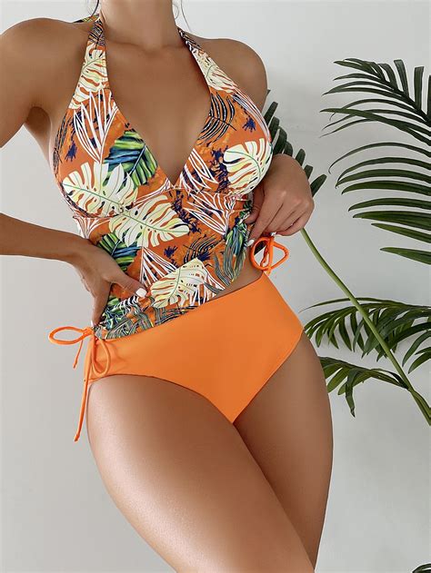 Multicolor Boho Collar Tropical Embellished High Stretch Swimming