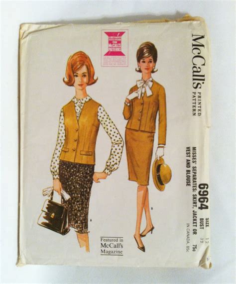 Vintage 1960s Suit Skirt Vest Pattern With Pussy Bow Blouse McCall S 6964 Size 12 Uncut