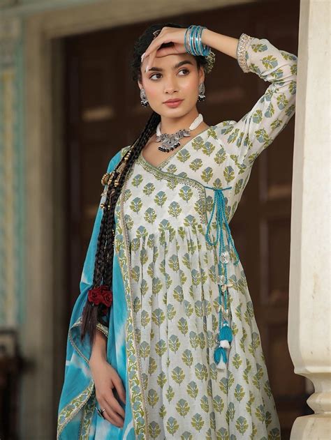 Buy Turquoise Green Hand Block Printed Cotton Mulmul Gown With Dupatta