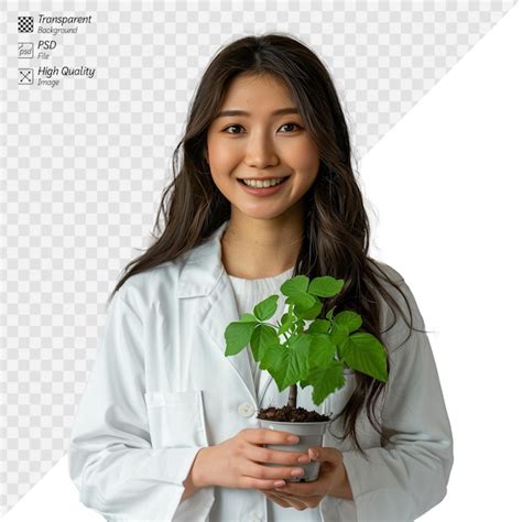 Premium Psd Smiling Woman Scientist Holding Green Plant In Laboratory