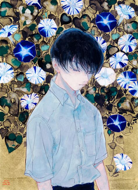 Safebooru 1boy Black Hair Blue Eyes Collared Shirt Flower Frown Limited Palette Looking Down