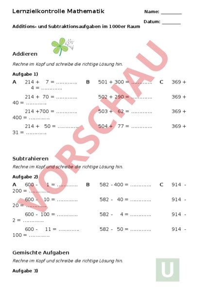 Arbeitsblatt Lernzielkontrolle Mathematik Addition Und Subtraktion