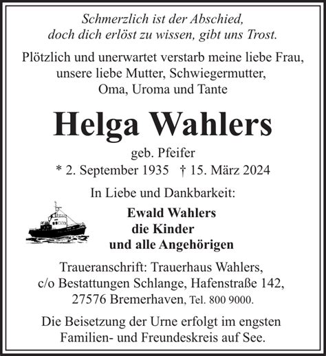 Helga Wahlers Gedenken Nordsee Zeitung