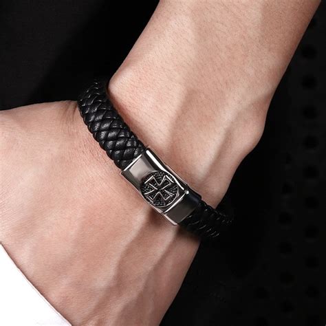 Bracelet Cuir Tress Homme Croix De Malte En Acier