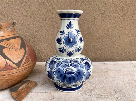 Vintage Delft Blue Porcelain Vase With Bulbous Design Delftware