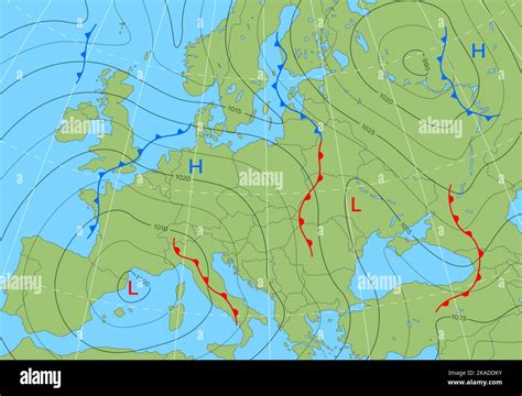 Forecast weather isobar map of Europe. Wind front, temperature and ...