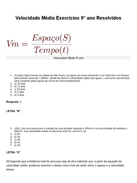Velocidade Media Exercicios Resolvidos Pdf - Exercícios Resolvidos: Velocidade Média 9º Ano | PDF | Velocidade ...