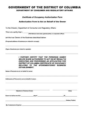 Certificate Of Occupancy Authorization Form Dcra Dc Fill And Sign