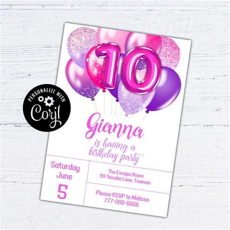 10th Birthday Invitation Girl 10th Invite For Girl Pink And Purple