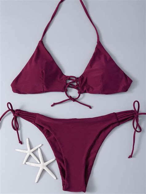 Lace Up Halter Solid Color Bikini Set Purplish Red Bikinis Zaful