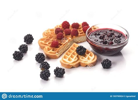 Belgium Waffles With Fresh Berries And Jam Isolated On White Stock