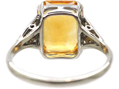 Art Deco 18ct Gold Platinum Citrine Ring With Diamond Set Shoulders