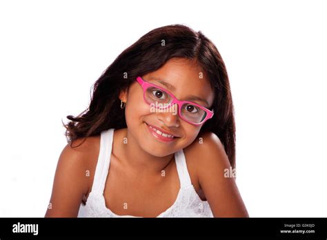 Cute Happy Smiling Latina Hispanic Girl With Pink Glasses On White Background Stock Photo Alamy