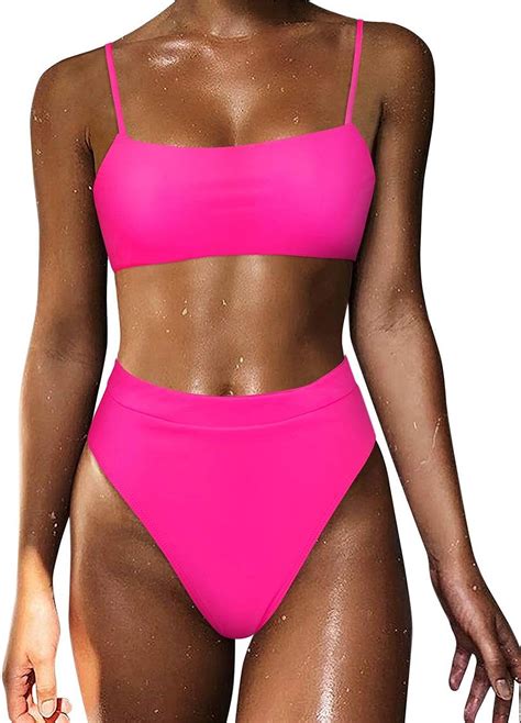 MOSHENGQI Women High Wasited Bikini Shoulder Strap 2 Piece High Cut