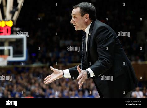 Duke Head Coach Mike Krzyzewski Reacts During The First Half Of An Ncaa College Basketball Game