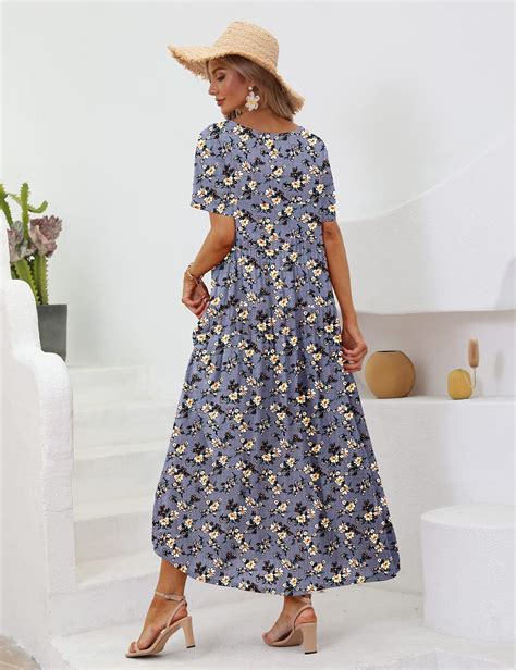 Fantaslook Bohemian Floral Dress Casual Loose Short Sleeve Flowy Summer Beach Long Swing Dress