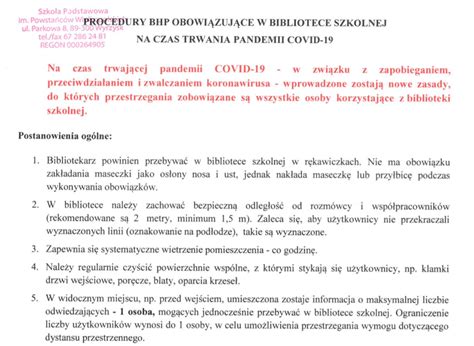 Procedury BHP obowiązujące w bibliotece szkolnej na czas trwania