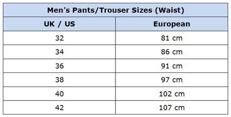 Men's Clothing & Accessories: Men's Pants Waist Size Chart