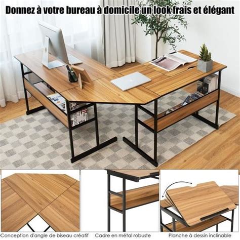 COSTWAY Bureau d Angle en forme de L Ajustable à 2 Tables Droits 2