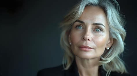 Premium Photo Elegant Mature Woman With Serene Expression Gazes Softly Closeup Portrait In