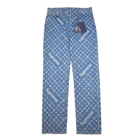 Louis Vuitton X Supreme Lv Monogram Box Logo Blue Denim Jeans Eluxive