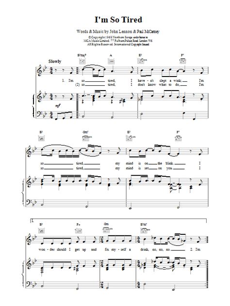 The Beatles Im So Tired Sheet Music And Chords Printable Piano