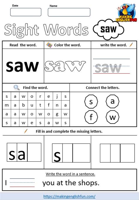 Free Printable Kindergarten Sight Word Worksheet Saw”making English Fun