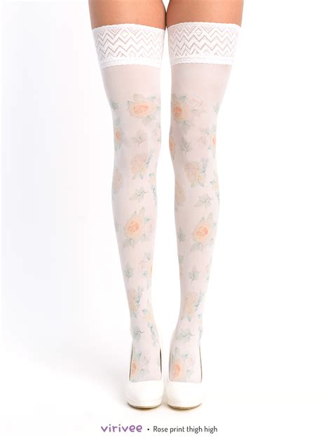 Yellow Rose Print Thigh High Stay Up Virivee Tights Unique Tights