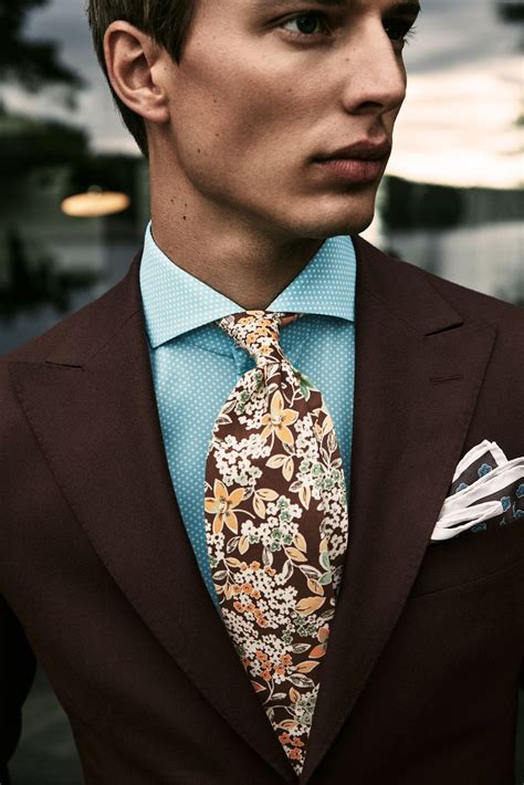 Brown Floral Cotton And Silk Tie Eton Shirts Europe Brown Floral