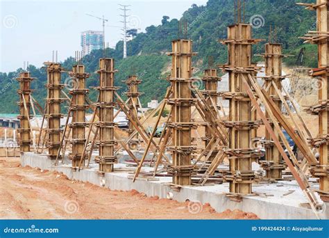 Column Timber Formwork And Reinforcement Bar At The Construction Site