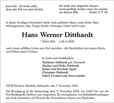 Traueranzeigen Von Hans Werner Ditthardt Vrm Trauer De