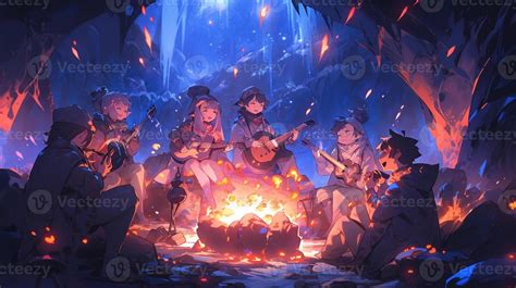 anime characters sitting around a campfire in a cave. generative ai ...