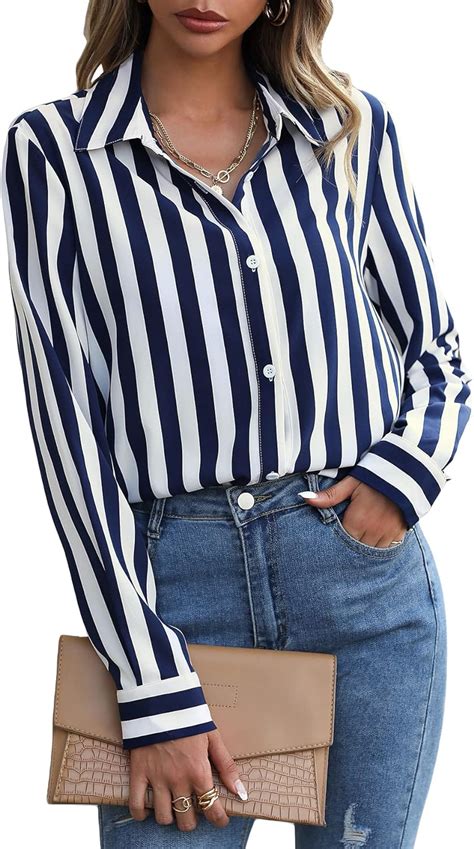 Cozyease Women S Vertical Striped Print Long Sleeve Blouse Collared