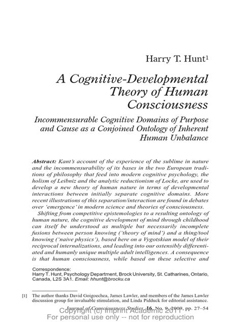 A Cognitive Developmental Theory Of Human Consciousness Harry Hunt