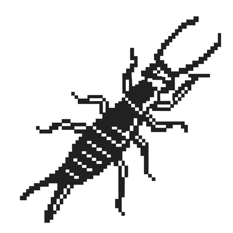 Pixel art earwig black and white insect design with antennae and