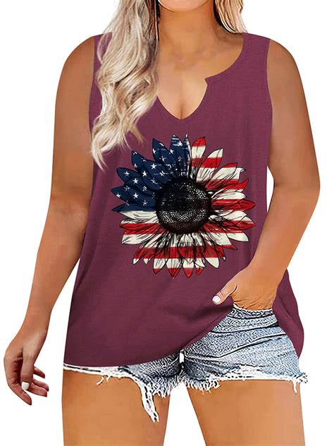 Gvmfive Women Plus Size American Flag Print Sleeveless Vest T Shirt 4th