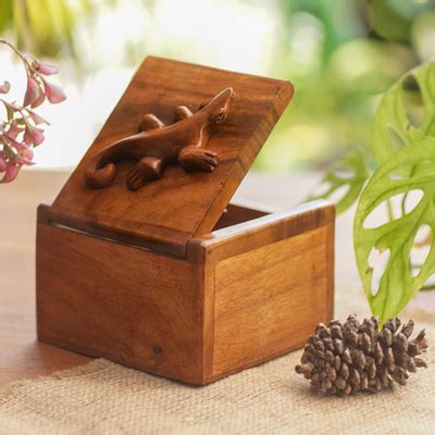 Handcrafted Suar Wood Gecko Decorative Box From Bali Protective Gecko