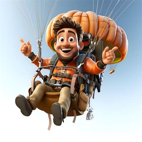 Ilustración 3D de un hombre en parapente volando con un globo de aire