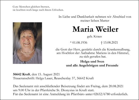 Traueranzeigen Von Maria Weiler Rz Trauer De