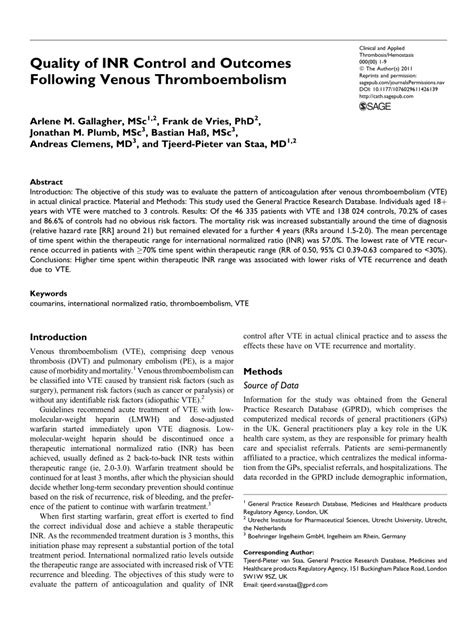 Pdf Quality Of Inr Control And Outcomes Following Venous Thromboembolism