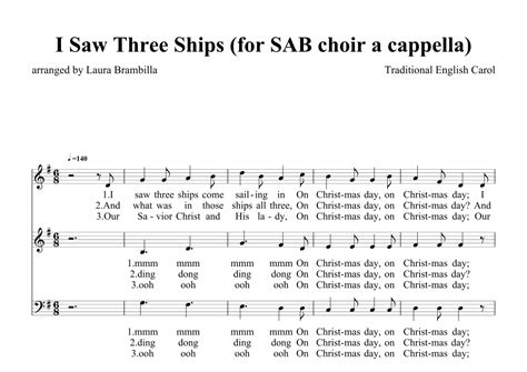 I Saw Three Ships Sheet Music Traditional English Carol SAB Choir