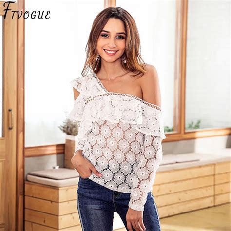 White Off Shoulder Blouse Shirt Women Ruffle Lace Blouse Slim Sexy Long Sleeve Hollow Out Skew