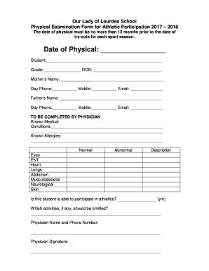 Fillable Online Athletics Physical Exam Our Lady Of Lourdes