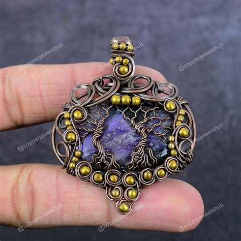 Vintage Natural Russian Charoite Wire Wrap Tree Of Life Pendant Purple