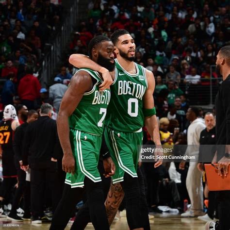 Jaylen Brown And Jayson Tatum Of The Boston Celtics Embrace During