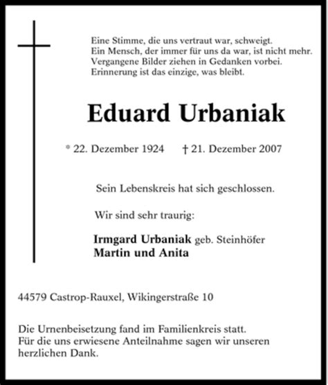 Traueranzeigen Von Eduard Urbaniak Trauer In Nrw De