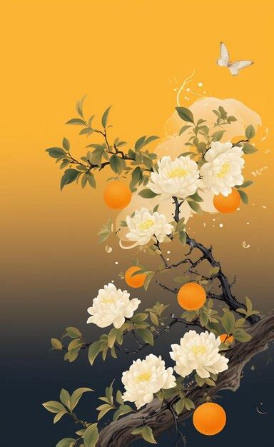 Premium AI Image | a painting of a tree with flowers and oranges.